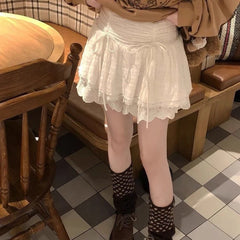 Lunivop Sweet Coquette Short Skirt Women Bow Kawaii Ruffle Mini Skirts Lace Patchwork White A-line Layered Skirt Aesthetics