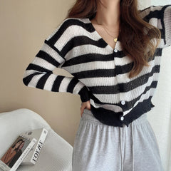 Lunivop Women Striped Knit Cardigan Button Front Long Sleeve V-neck Crop Sweater Jacket Comfy Knitwear French Chic Autumn Winter Outfit