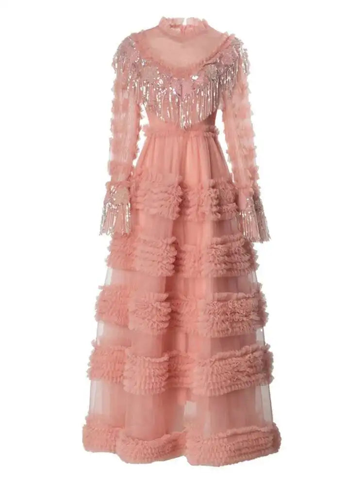 Lunivop Solid Sequins Ruffles Splice Women's Dresses Round Neck Long Sleeve High Waist Elegant Dress Autumn 2025 New