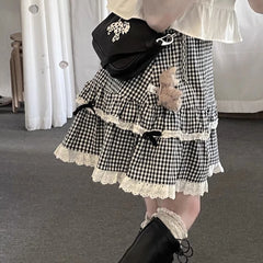 Lunivop Kawaii Plaid Women Short Skirt Lolita Ruffle Japanese Style Lace Bow Mini Skirts Cutecore Sweet Pleated Preppy Skirt