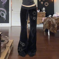 Lunivop  Euramerican Spice Woemn Star Hot Diamond Print Casual Pants Y2k Spliced Low Waist Drawstring Trousers Harajuku Velvet Flare Pant