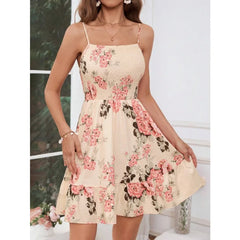 Lunivop  Women's Floral Print Spaghetti Strap Dress Smocked Waist Ruffle Hem Mini Dress