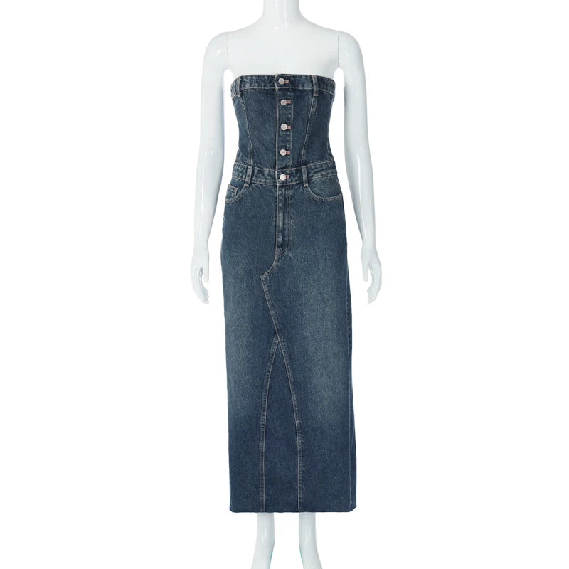 Lunivop Denim Strapless Buttons Stretchy Slim Slit Long Dress Casual Fashion Streetwear Summer Vacation Daily Party Women Clothes