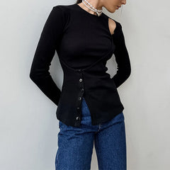 Lunivop  BKLD Fake Two-piece T Shirt Hottie Autumn Outfit Black Irregular Hollow Button Design Tight Full Sleeve Tops Casual Clothes