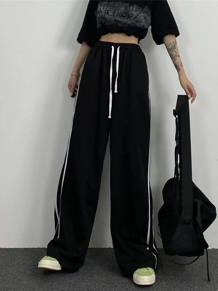 Lunivop  Streetwear Loose Striped Black Trousers Women High Waist Casual Sweatpants Korean Preppy Style Student Chic Wide Leg Pants
