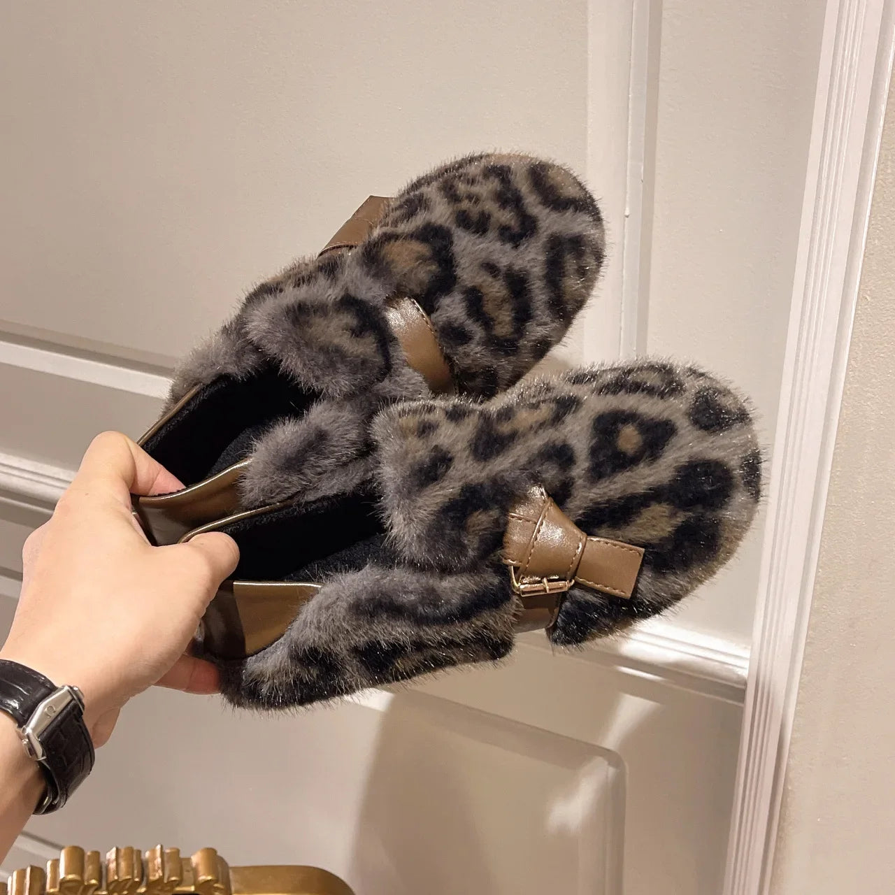 Lunivop Fashion Leopard Fur Ballet Flats Woman Curly Cotton Buckle Strap Mary Jane Shoes Ladies Winter Warm Plush Shallow Loafers