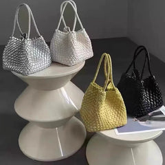 Lunivop  Handwoven Basket Sle Mother Daughter Handbag Casual Faion PU Leather Soft Buet Bag with Magnetic Bule Closure