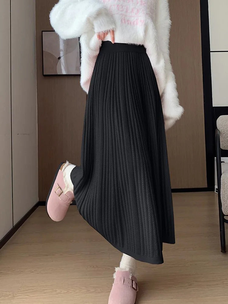 Lunivop Sweet Vintage Knitted Long Skirts Women Preppy Style High Waist Loose A Line Skirts Fall Winter Retro Simple Elegant Long Skirts