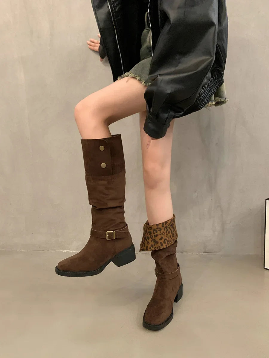 Lunivop Designer Leopard Pleated Knee Boots Woman Chunky Heel Pull-on Long Booties Ladies Fashion Buckle High Knight Botas De Mujer