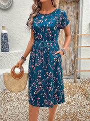 Lunivop  Women Floral Print Drawstring Waist Pocket Casual Midi Dress Summer