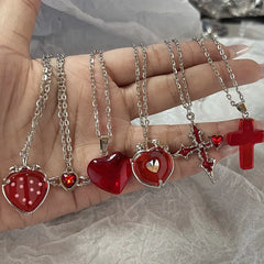 Lunivop Simple Red Glass Cross Cherry Strawberry Heart Pendant Necklace for Women Stainless Steel Jewelry Accessories