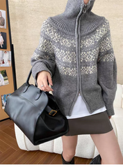 Lunivop Women Fair Isle Sweater Zipper Front Collared Zip-up Sweater Knit Jacket Cozy Knitwear Teen-girl Fall Winter Vintage Outfit