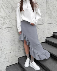 Lunivop  Autumn Women Clothing Pure Cotton Long Skirts Fashion Split Pleated Ruffles Edge Casual Irregular Skirts Streetwear