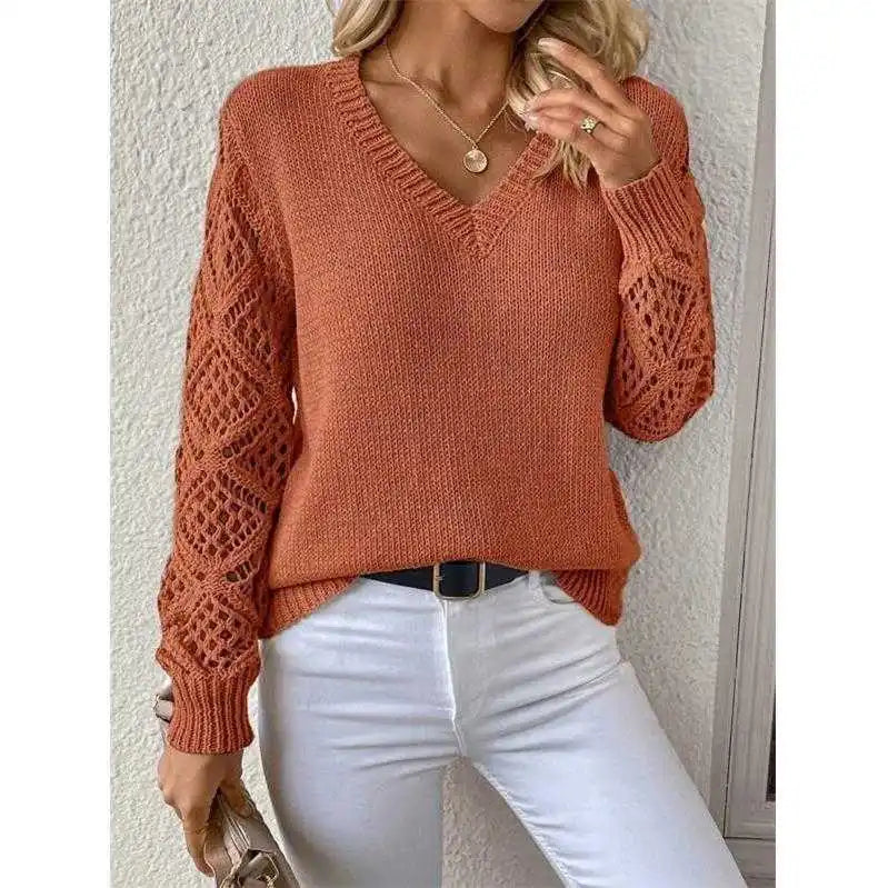 Lunivop Long Sleeve Pointelle Knit Top Pullovers Women Sweater Openwork Long Sleeve V-neck Jumper Fall Winter Blusas Para Mujer Outfit