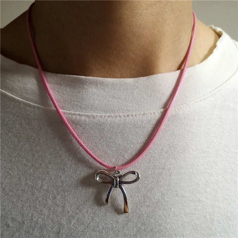 Lunivop Vintage Bowknot Pendant Pink Rope Chain Necklace For Women Gothic Hip Hop Bow Neck Fashion Y2k EMO Aesthetic Jewelry Accessories