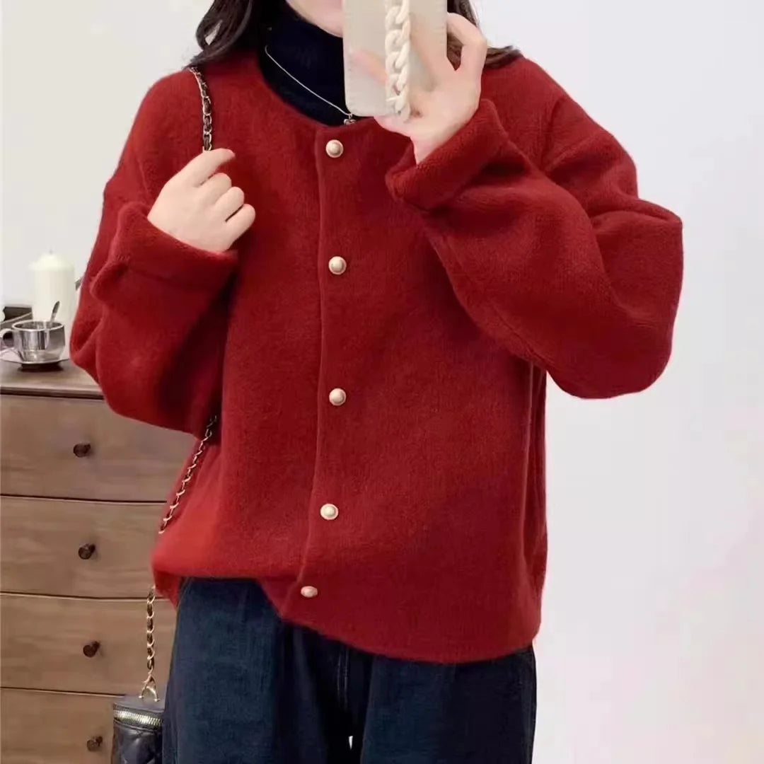 Lunivop Women Sweater Cardigan Polished Gold Button Up Soft Knitted Long Sleeve Sweater Jacket Top Fall Winter Korean Ladies Chic Outfit