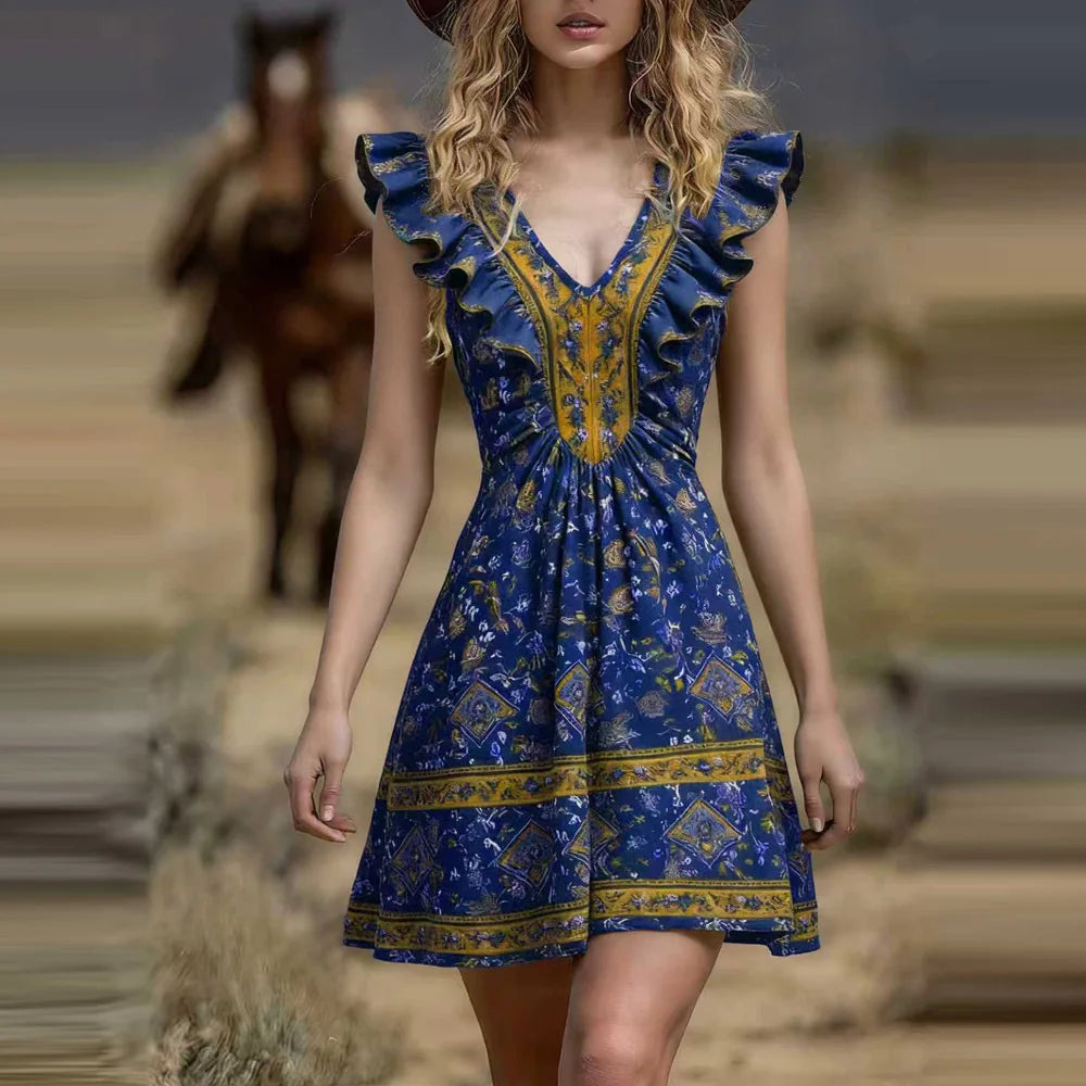 Lunivop  Vintage Chic Fashion Women Hippie Floral Print V-neck Bohemian Mini Dress Ladies Short Sleeve Summer Beach Wrap Boho Dresses