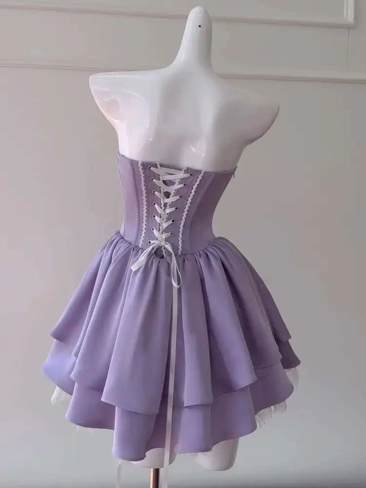 Lunivop Women's Lace Bow Lace-up Design Dresses Strapless High Waist Sleeveless Slim Elegant Dress Female Autumn 2025 New