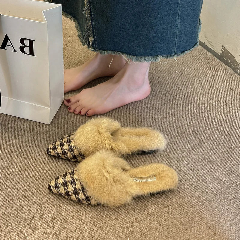 Lunivop New Winter Warm Fur Plush Women Slippers Fashion Furry Plaid Shoes Pointed Toe Flat Heel Hair Slides Zapatos De Mujer