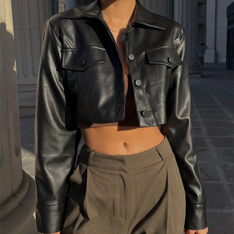 Lunivop   Autumn Faux Leather Short Jacket Y2K Turn-down Collar Fashion Botton Decoration PU Coat 2024 Grunge Street Casual Coats