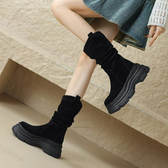 Lunivop Luxury Western Cowboy Women's Mid-Calf Boots New Platform Chunky Heel Fashion Pleated Punk Shoes for Women Winter Comfy Booties