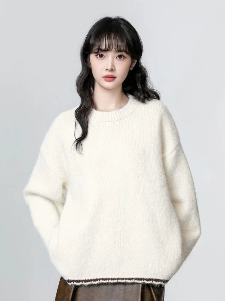 Lunivop Cute Retro Green Sweaters Women Preppy Style Loose O Neck Long Sleeve Knitted Jumper Japan Vintage Sweet Female Simple Pullovers