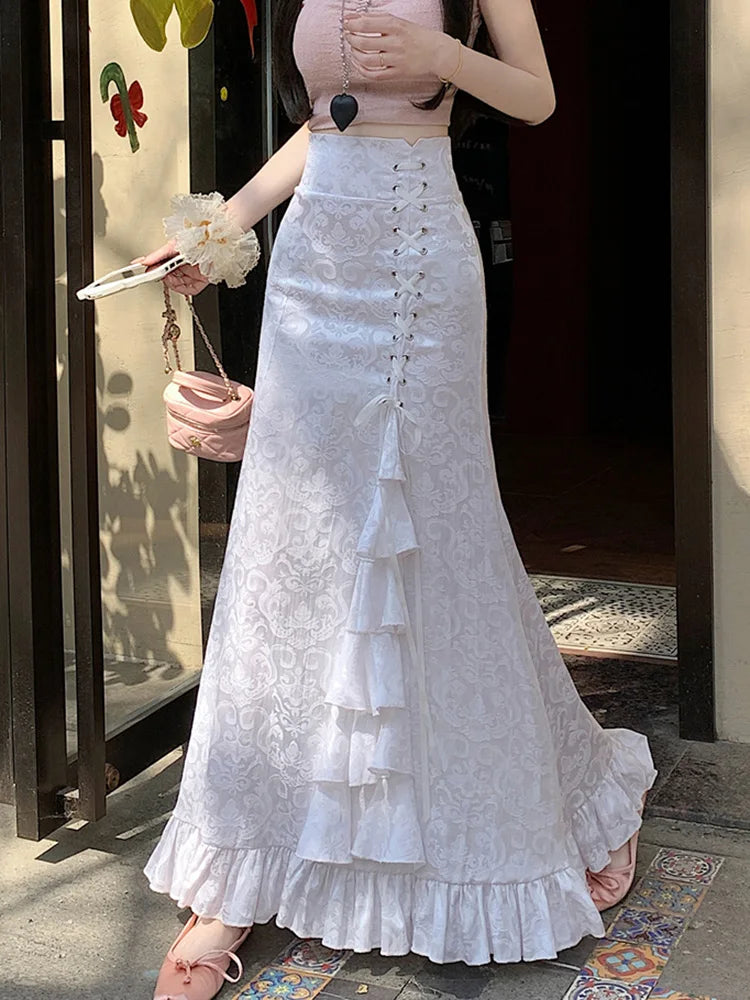 Lunivop  Print Vintage Long Skirt Women Casual Ruffles England Sweet Trumpet Skirts Retro Lace Up Elegant Female Design Long Skirt