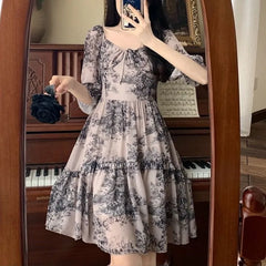 Lunivop  French Retro Light Mature Style Floral Summer Women's New Pullover Square Neck Tie Folds Fashion Casual Short Sleeved Dress the dress black dress white dress