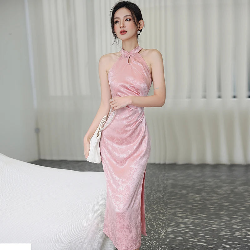 Lunivop  Women Pink Acetate Satin Elegant Jacquard Long Dress Summer Sleeveless Chic Neck-mounted Dress Korean Luxury Evening Dress