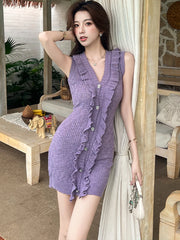 Lunivop  Summer Purple Knitted Ruffled V-Neck Mini Dress Women Elegant Bodycon Sleeveless Dress 2025 New Korean Fashion Casual Home Dress