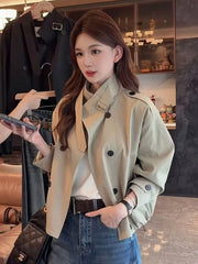 Lunivop England Stand Collar Jacket Women Loose Long Sleeve Vintage Short Coat Fall Causal Double Breasted Lady Elegant Design Tops