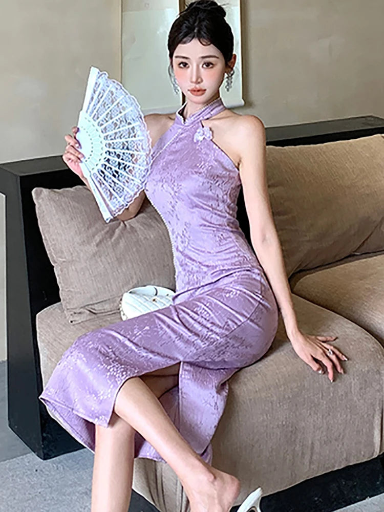 Lunivop  Women Purple Jacquard Diamonds Luxury Long Dress Summer Fashion Chic Neck-mounted Dress Korean Vintage Elegant Party Dress