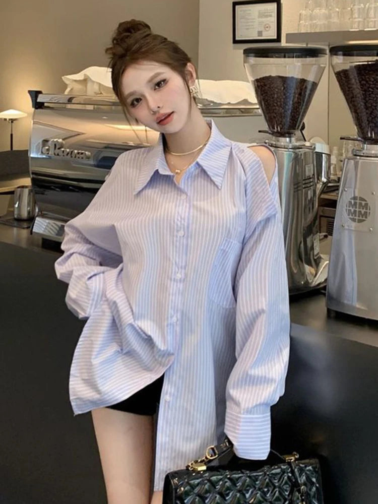 Lunivop Hollow Out Striped Shirt Women Casual Korean Loose Long Sleeve Blouse Vintage Female Sexy Off Shoulder Elegant Tops Spring