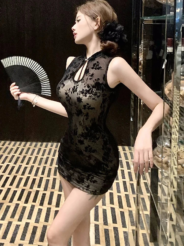 Lunivop  Women Korean Vintage Hepburn Prom Clothes Summer Black Mesh Jacquard Sleeveless Dress Elegant Bodycon Hip Wrap Sexy Dresses