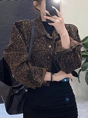 Lunivop Y2K Cropped Leopard Denim Jacket Women Vintage Streetwear Long Sleeve Slim Short Coat American Harajuku Female Hip Hop Tops