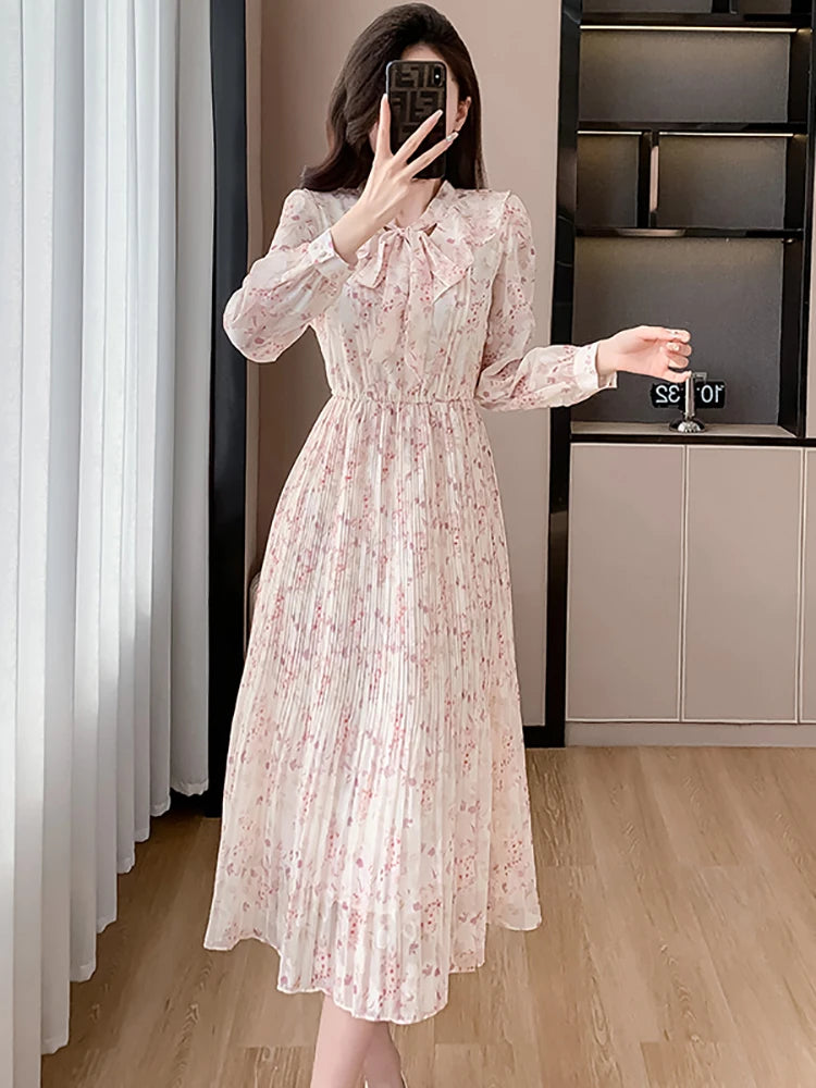 Lunivop  Pink Floral Chiffon Casual Beach Long Dress Women Spring Elegant Chic Bow Y2k Dress Korean Fashion Bodycon Evening Dresses