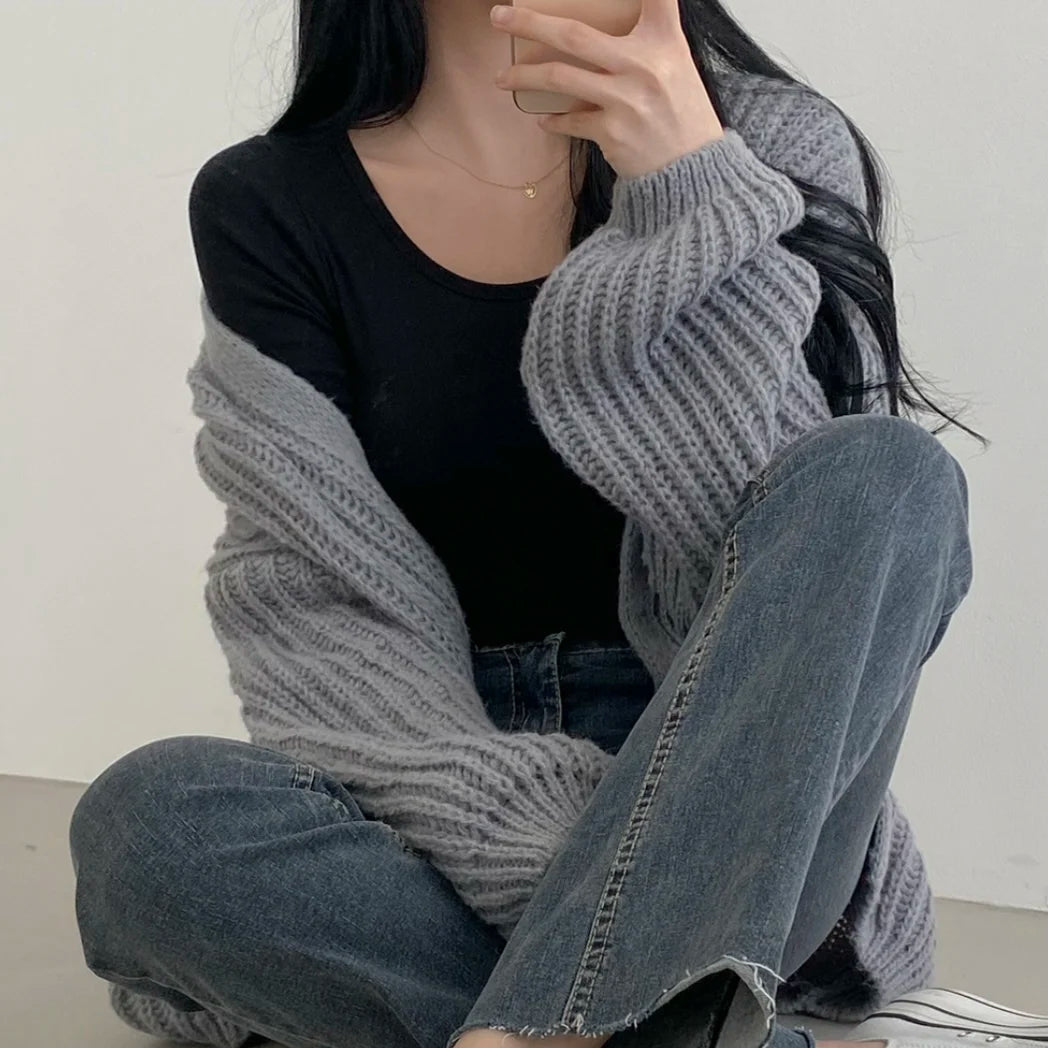 Lunivop Open Front Cardigan for Women Cozy Knit Oversized Open-up Sweater Grey Autumn Winter Teen-girl Casual Daily Outfit