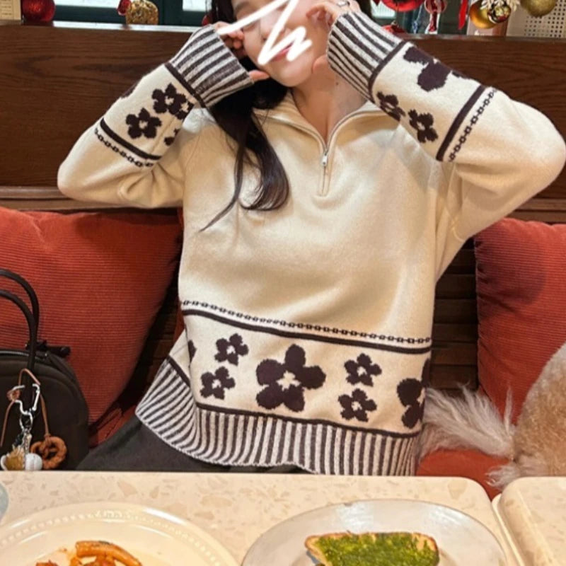 Lunivop Half Zipper Knit Cardigan Sweater Women Pullovers Cozy Loose Sweater Jacket Collared Long Sleeve Floral Print Fall Winter Outfit