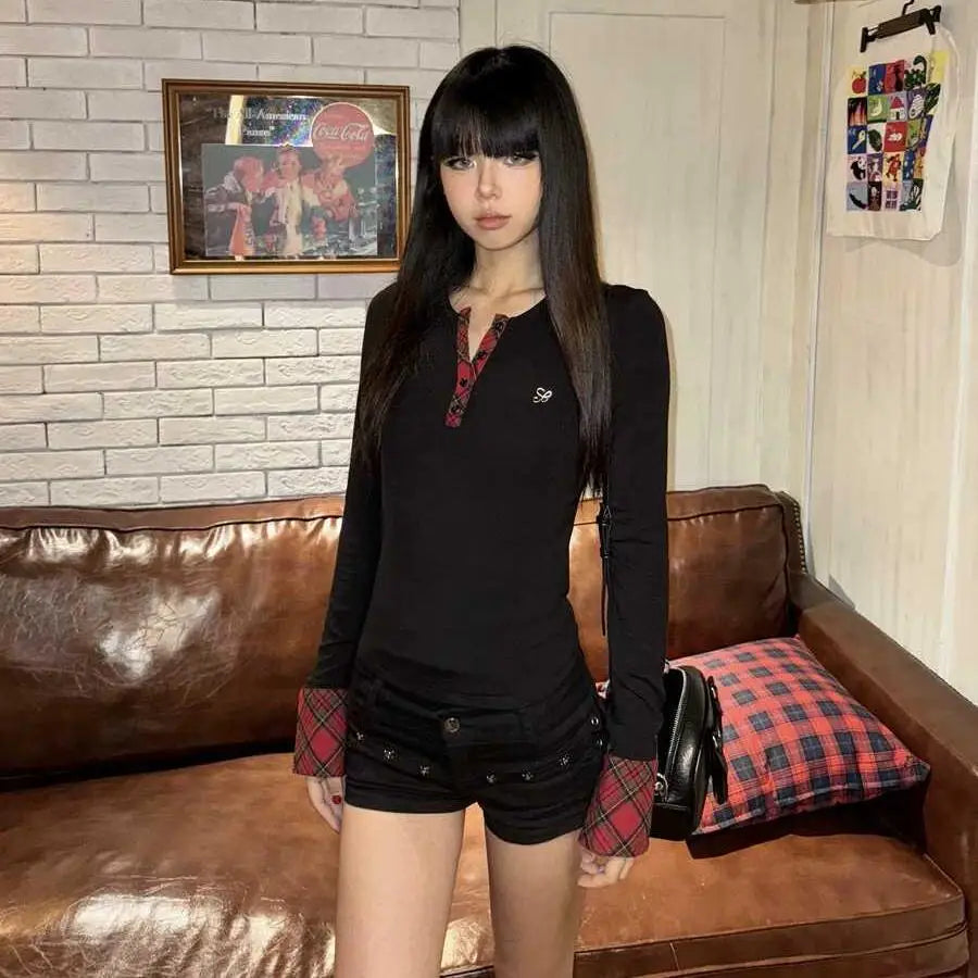 Lunivop Y2k Vintage T Shirt Women Pathwork Long Sleeve Skinny Plaid Grunge Tops Streetwear American Retro 90s Tshirts Autumn