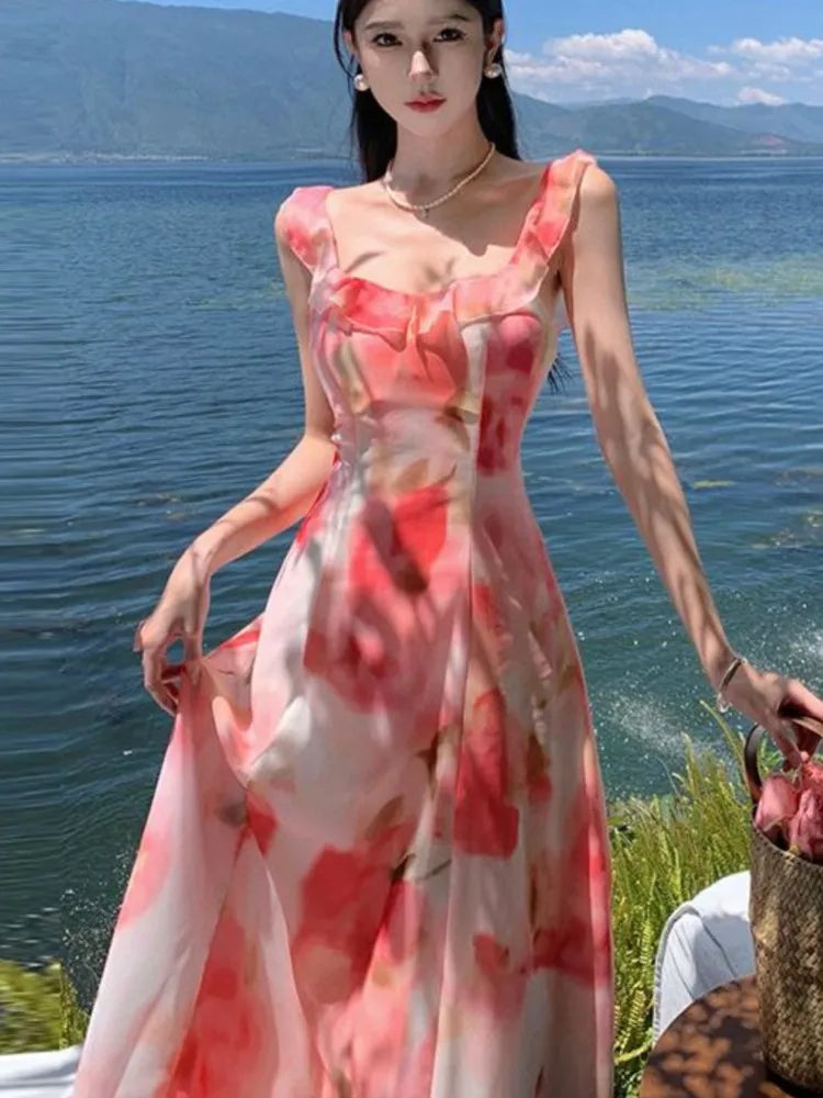 Lunivop Women Sweet Pink Floral Elegant Sleeveless Ruffled Edges Slip Dresses Summer Romantic Bohemian Sexy Birthday Evening Party Dress