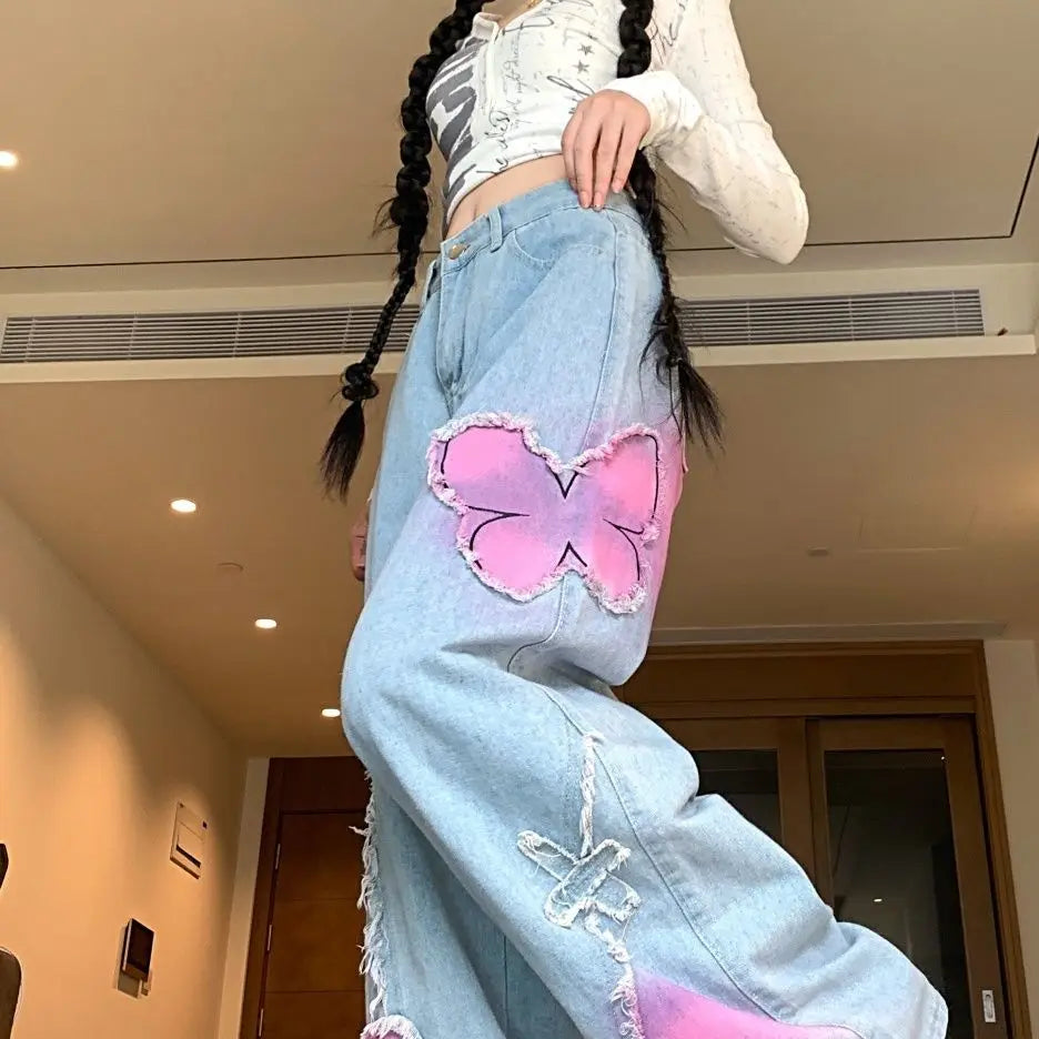 Lunivop  American Vintage Butterfly Embroidered Jeans for Women Spring Autumn New Straight Denim Pants High Waist Wide Leg Pants