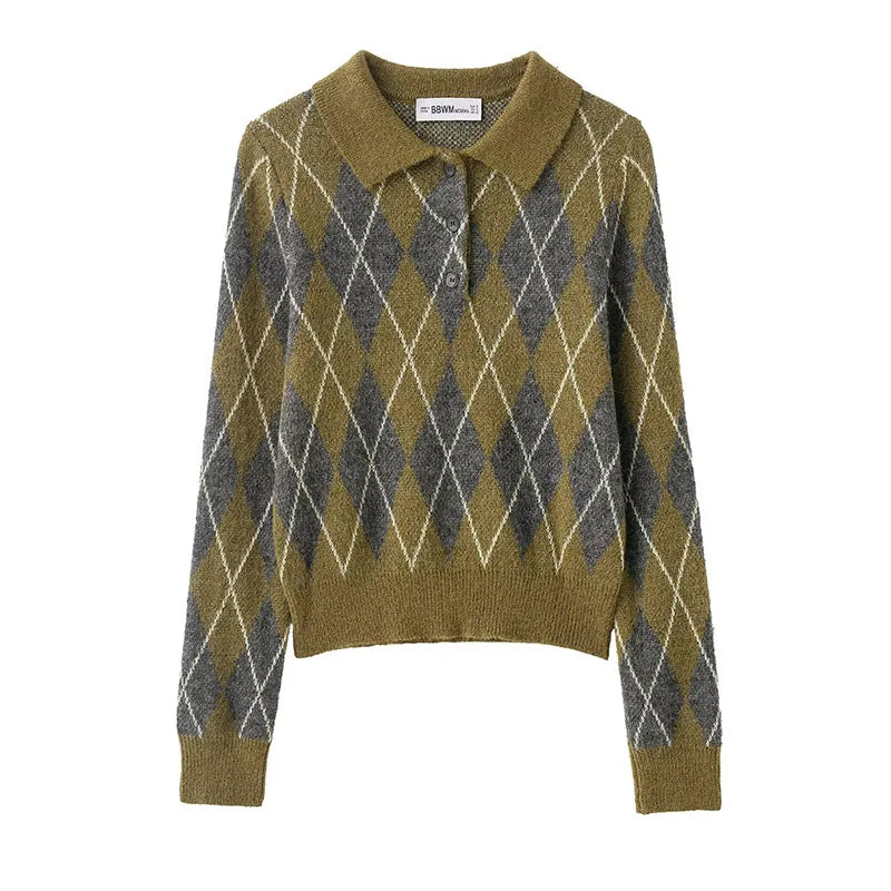 Lunivop  Vintage Casual Chic Women Sweater Argyle Long Sleeve Knitted Pullover Top Fashion Autumn Winter Short Sweater