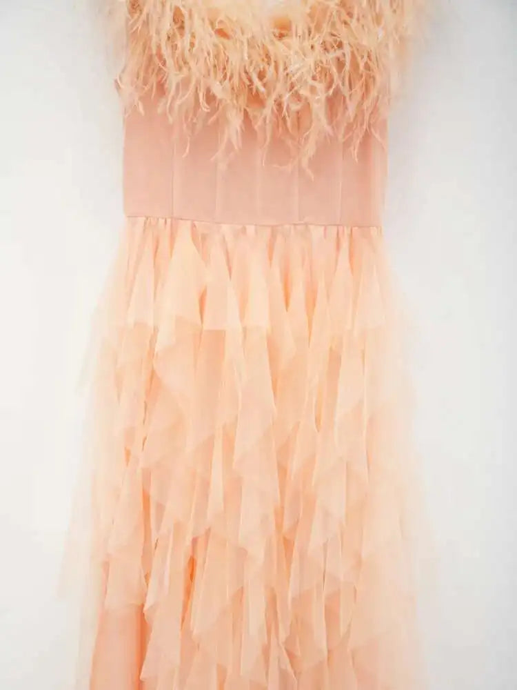 Lunivop Ruffles Edge Strapless Evening Dress Women Slash Neck Fashion Elegant Backless Puffy Dresses Female 2025 Spring New