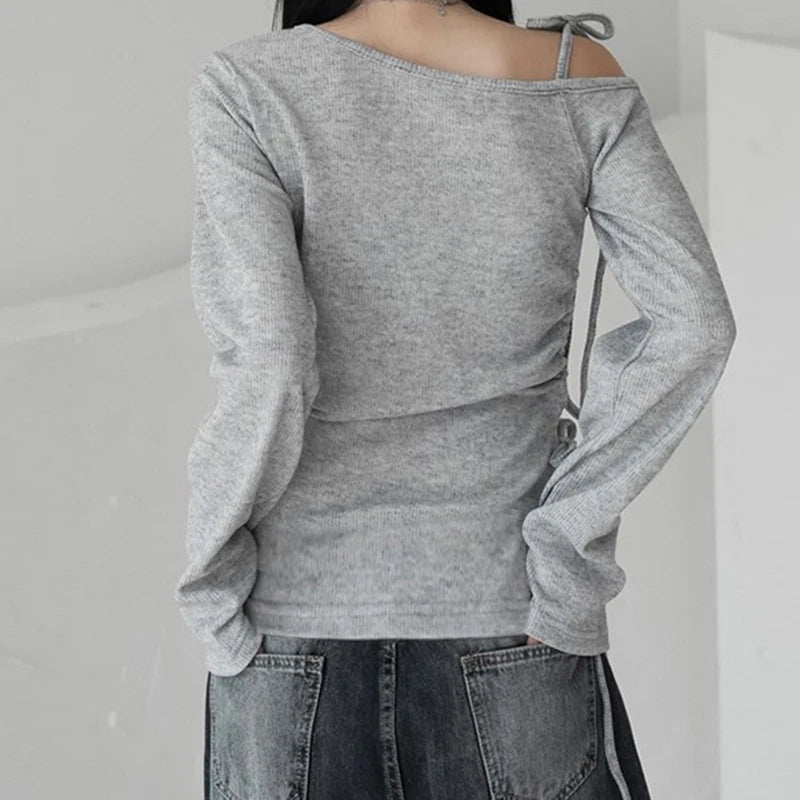 Lunivop   Asymmetrical Off-shoulder Crop Top Grey Bandage Drawstring Long Sleeve Knitted T Shirts Korean Fashion Casual Tees Women