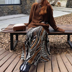 Lunivop  Irregular Printed Big Swing Long Skirts Fall Winter Leisure Folds Loose Comfortable Versatile Half Skirt Female Vintage Clothing