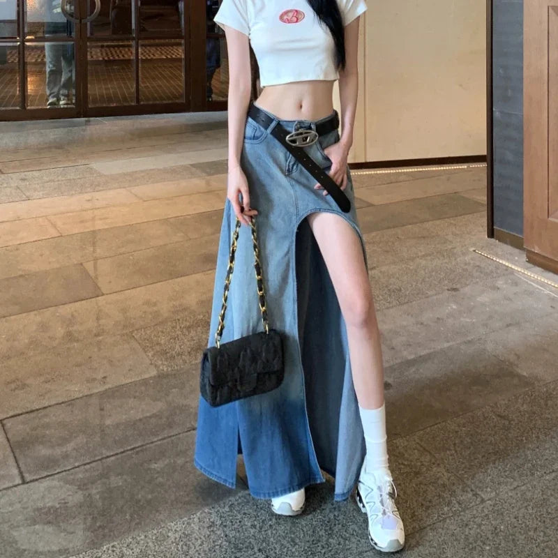 Lunivop High Street Sexy Split Loose Casual A-line Skirt Women Summer New Korean Distressed Washed Denim Mid-length Skirt