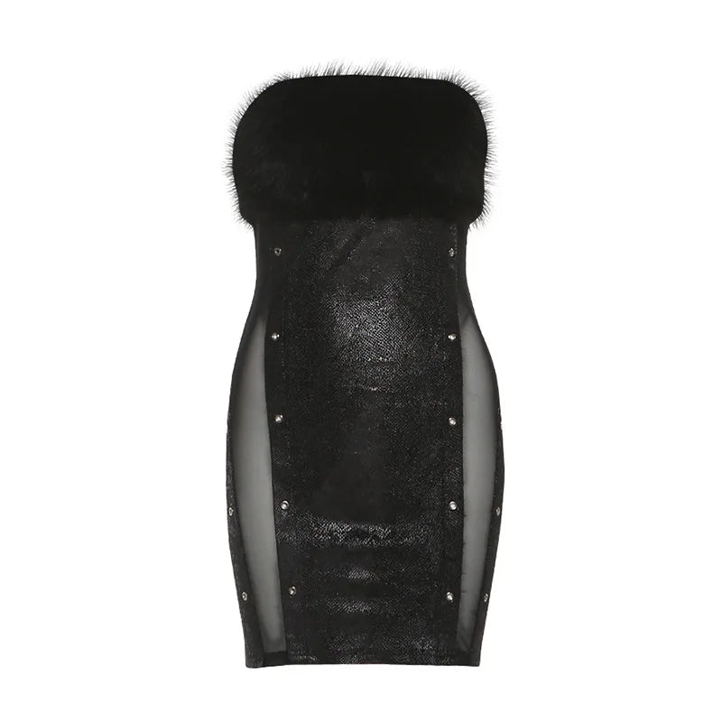 Lunivop  Serpentine Print See Through Mesh Patwork Bodycon Mini Dress Women Fashion Sexy Faux Fur Strapless Hipster Party Night Clubwear