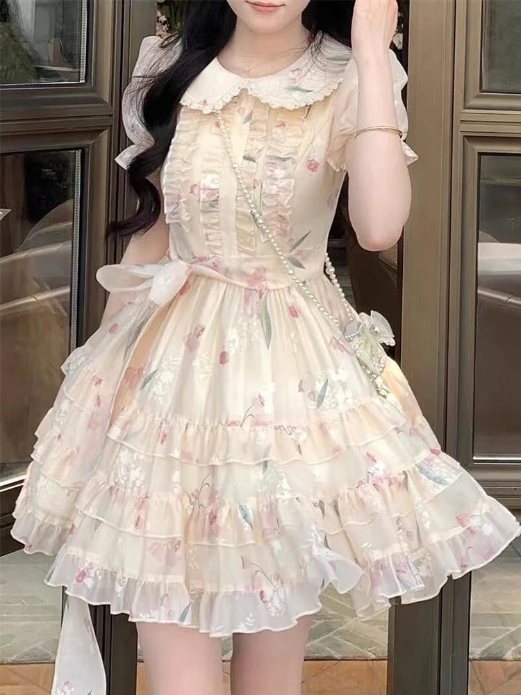Lunivop  Floral Sweet Mini Dress Women Vintage Cute Ruffles Puffy Sleeve Dress Casual Summer Slim High Quality Elegant Vestidos New