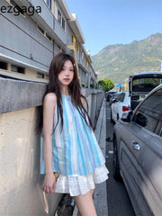 Lunivop  Woman Camis Striped Summer Fashion 2025 Sweet O Neck French Style Chic Loose Tank Tops Female Casual Sleeveless Top