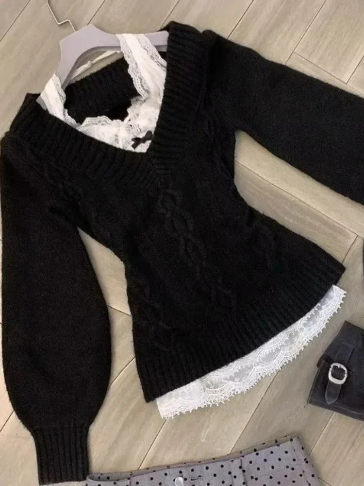 Lunivop Sexy Elegant V-neck Knitted Pullover Women Black Y2k Fashion Long Sleeve Sweaters Simple Casual Slim Aesthetics Tops
